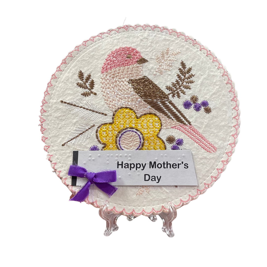 Braille Mother's Day Card for Mom – Embroidered Bird and Flower Design