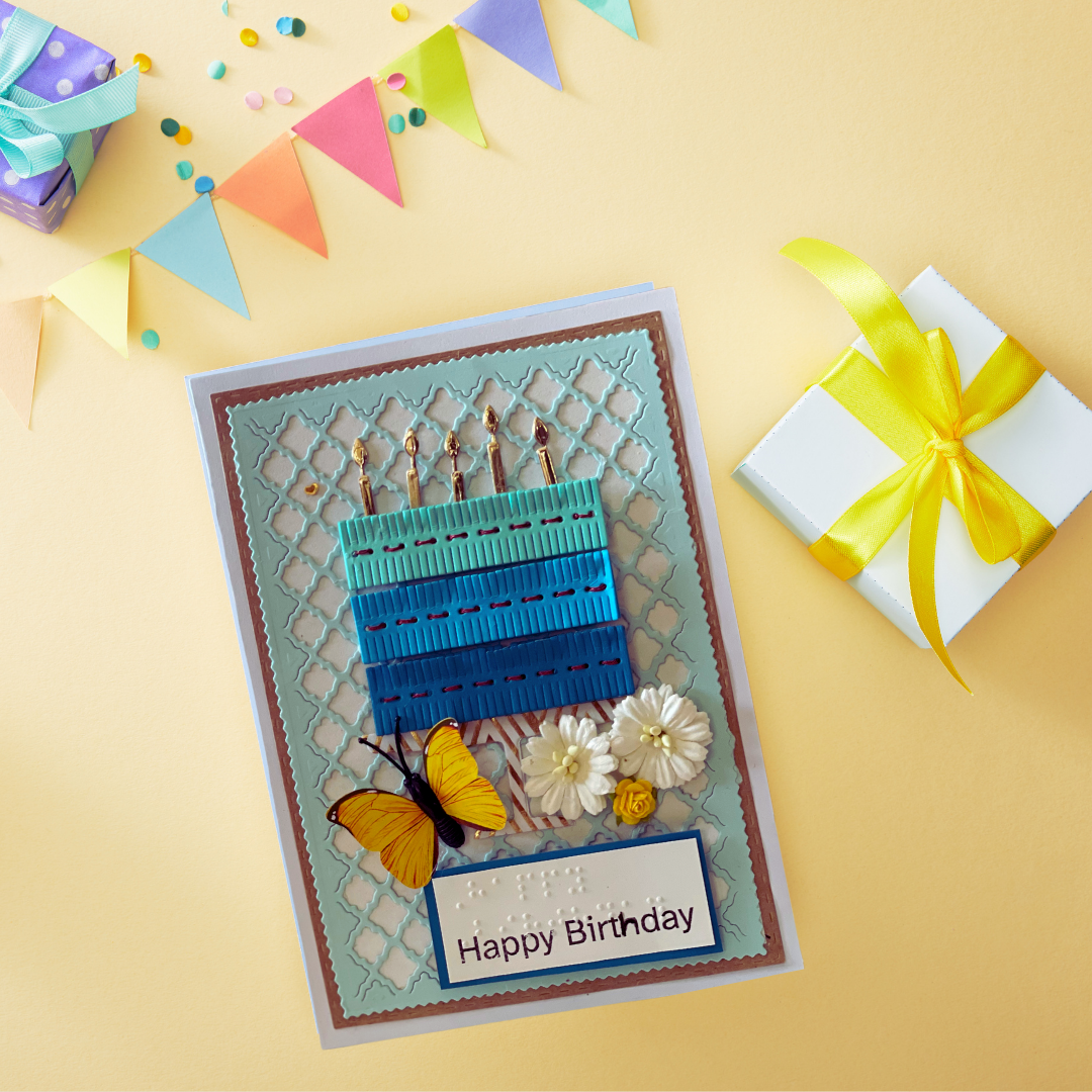Handmade Braille & Large Print Birthday Card – Blue Cake Design