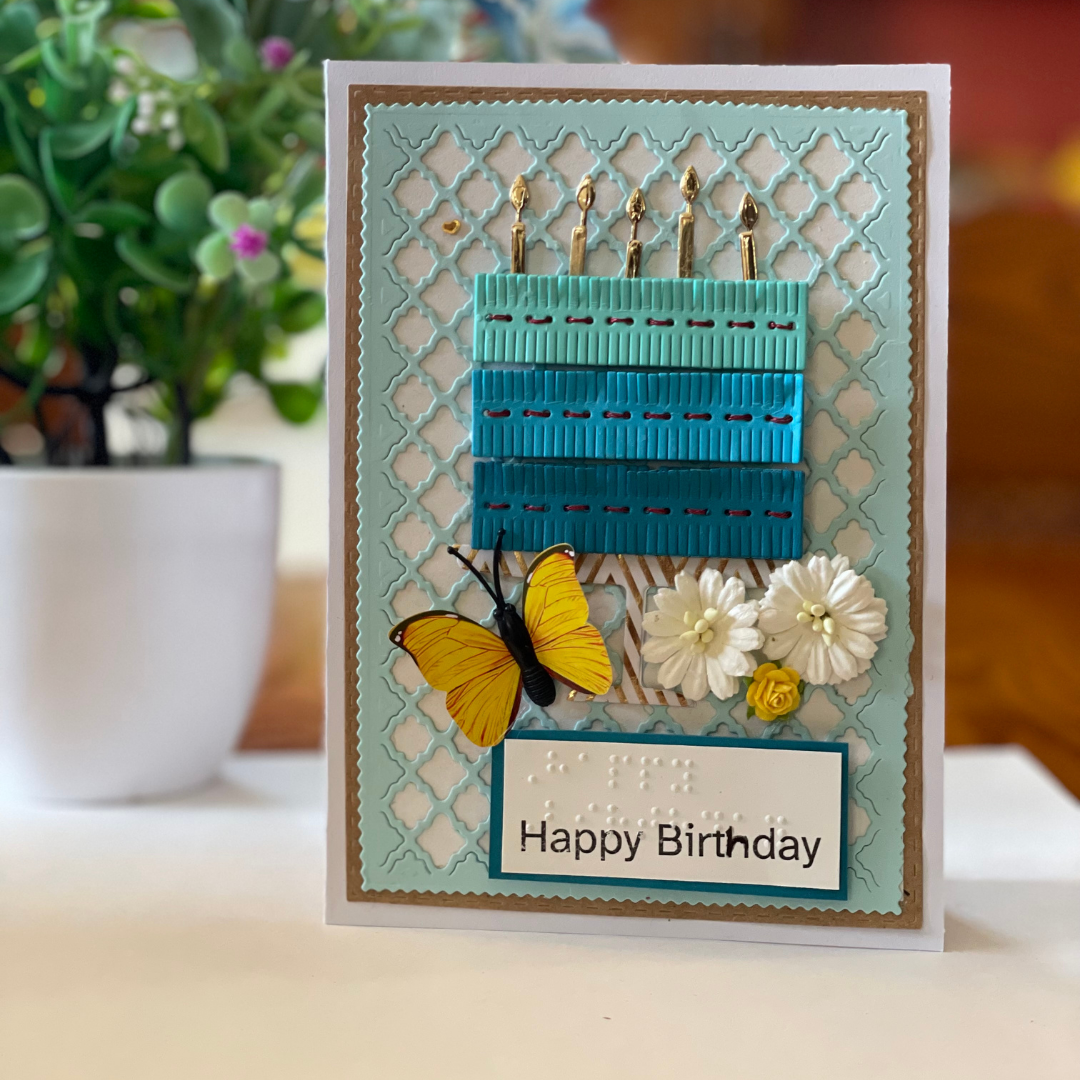 Handmade Braille & Large Print Birthday Card – Blue Cake Design