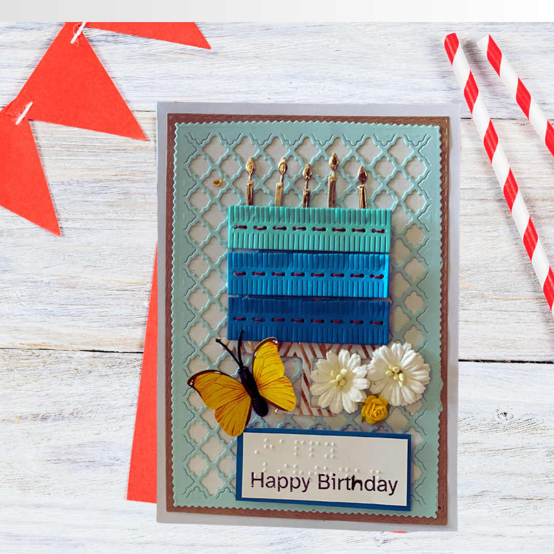 Handmade Braille & Large Print Birthday Card – Blue Cake Design