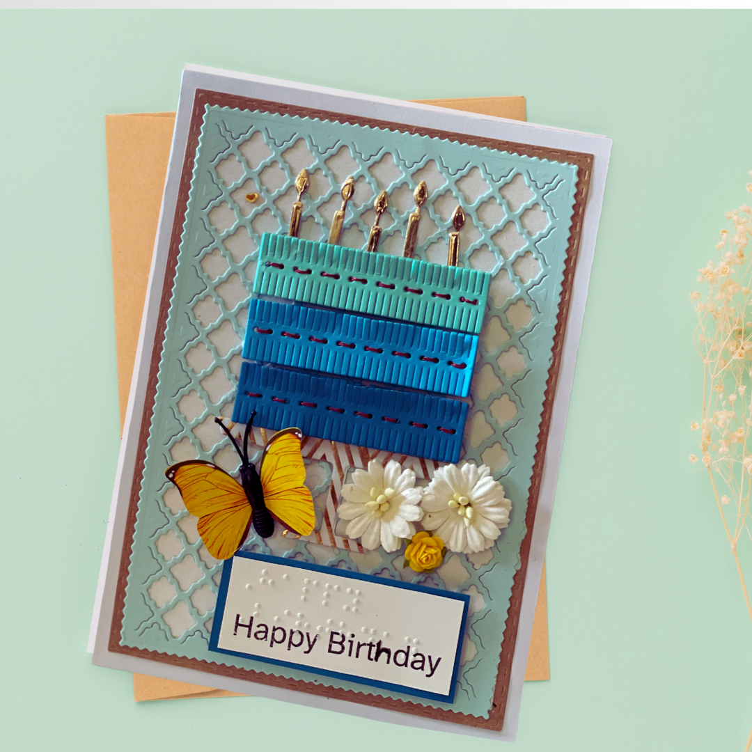 Handmade Braille & Large Print Birthday Card – Blue Cake Design