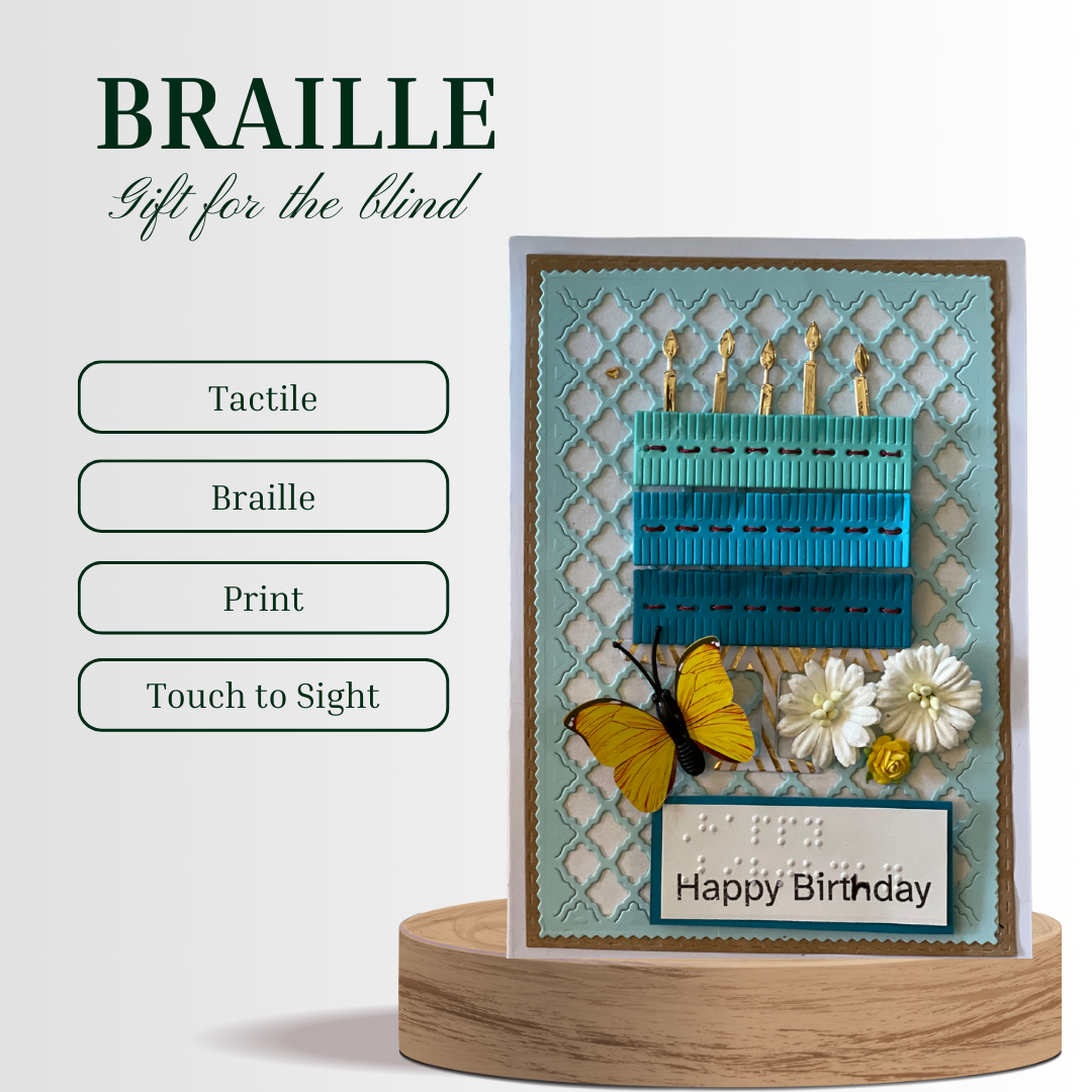 Handmade Braille & Large Print Birthday Card – Blue Cake Design