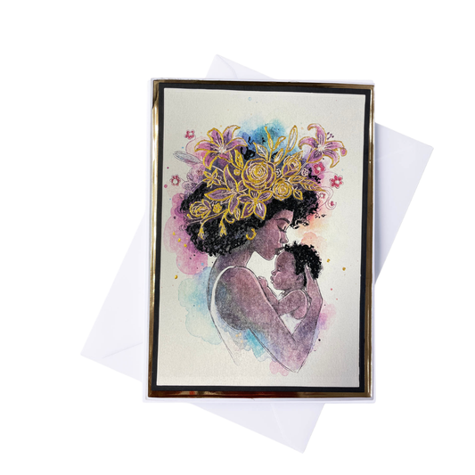 Greeting card with a silhouette of a woman holding a child and a colorful floral headpiece on a white background.
