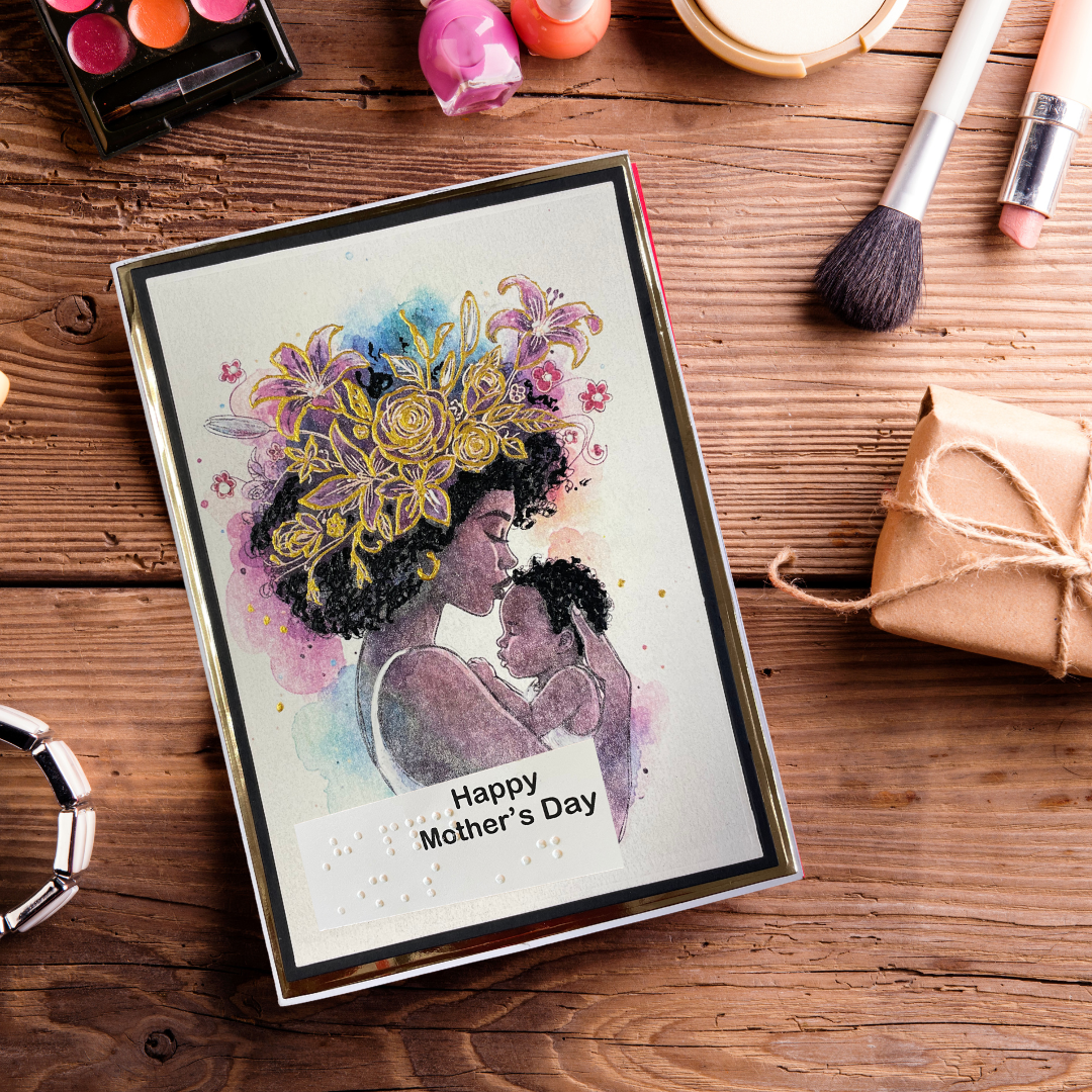 Greeting card with a mother and child illustration on a wooden surface with makeup items.