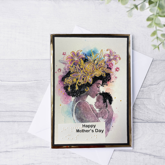 Mother's Day card with a mother and child illustration and floral crown on a white background.