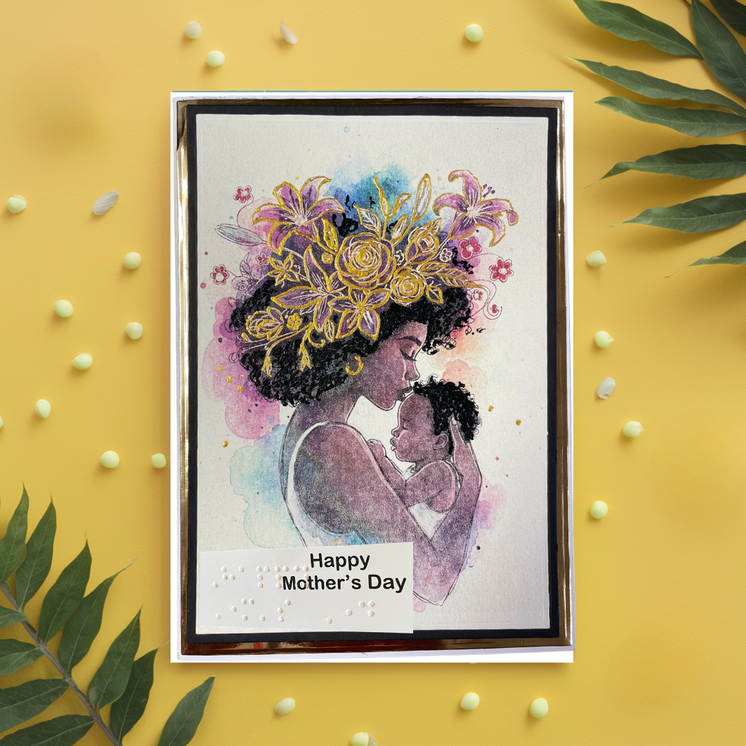 Mother's Day card with illustration of a mother and child on a yellow background with decorative elements.