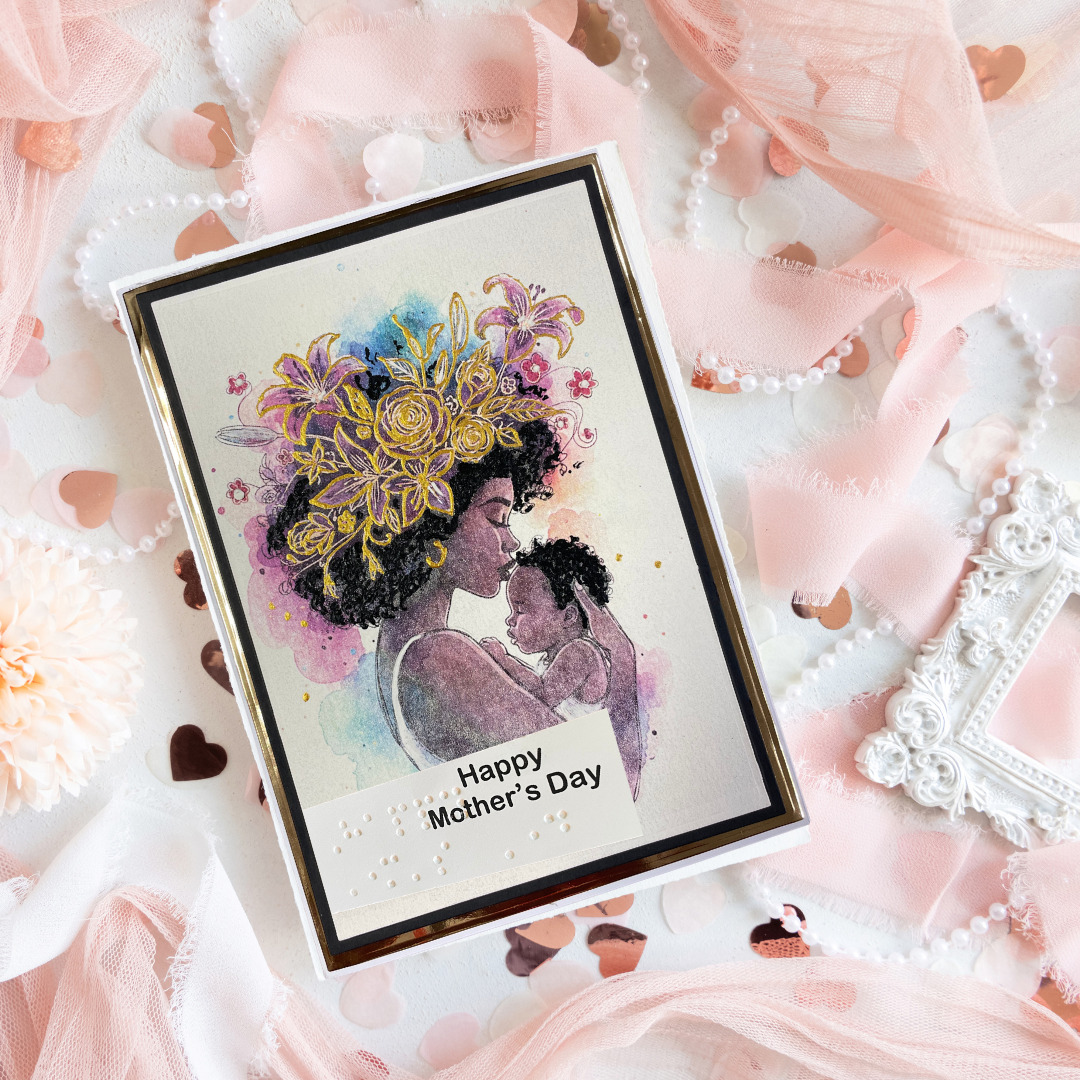 Greeting card with a mother and child illustration on a decorative background