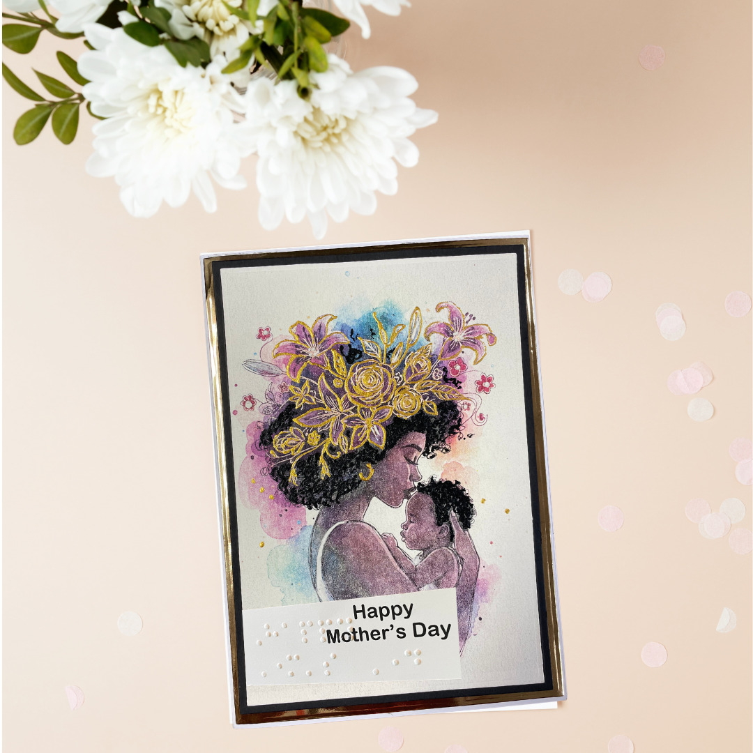 Greeting card with illustration of a mother and child, surrounded by flowers, on a beige background.