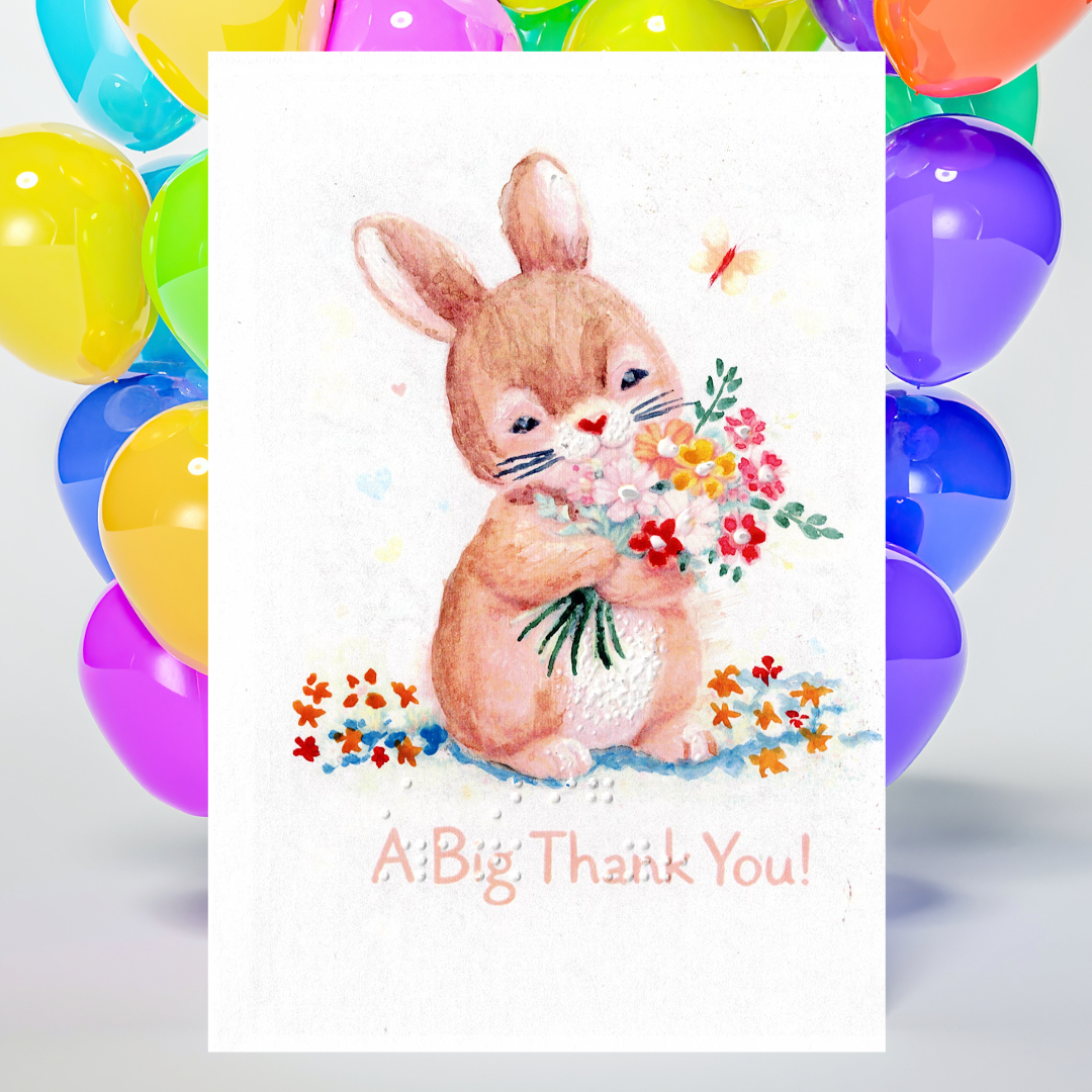 Card with a cartoon rabbit holding flowers and 'A Big Thank You!' text, surrounded by colorful balloons.
