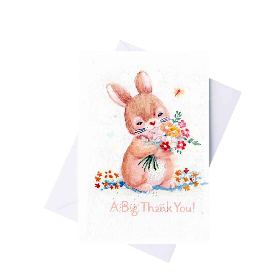 Greeting card with a bunny holding flowers and 'A Big Thank You!' text on a white background