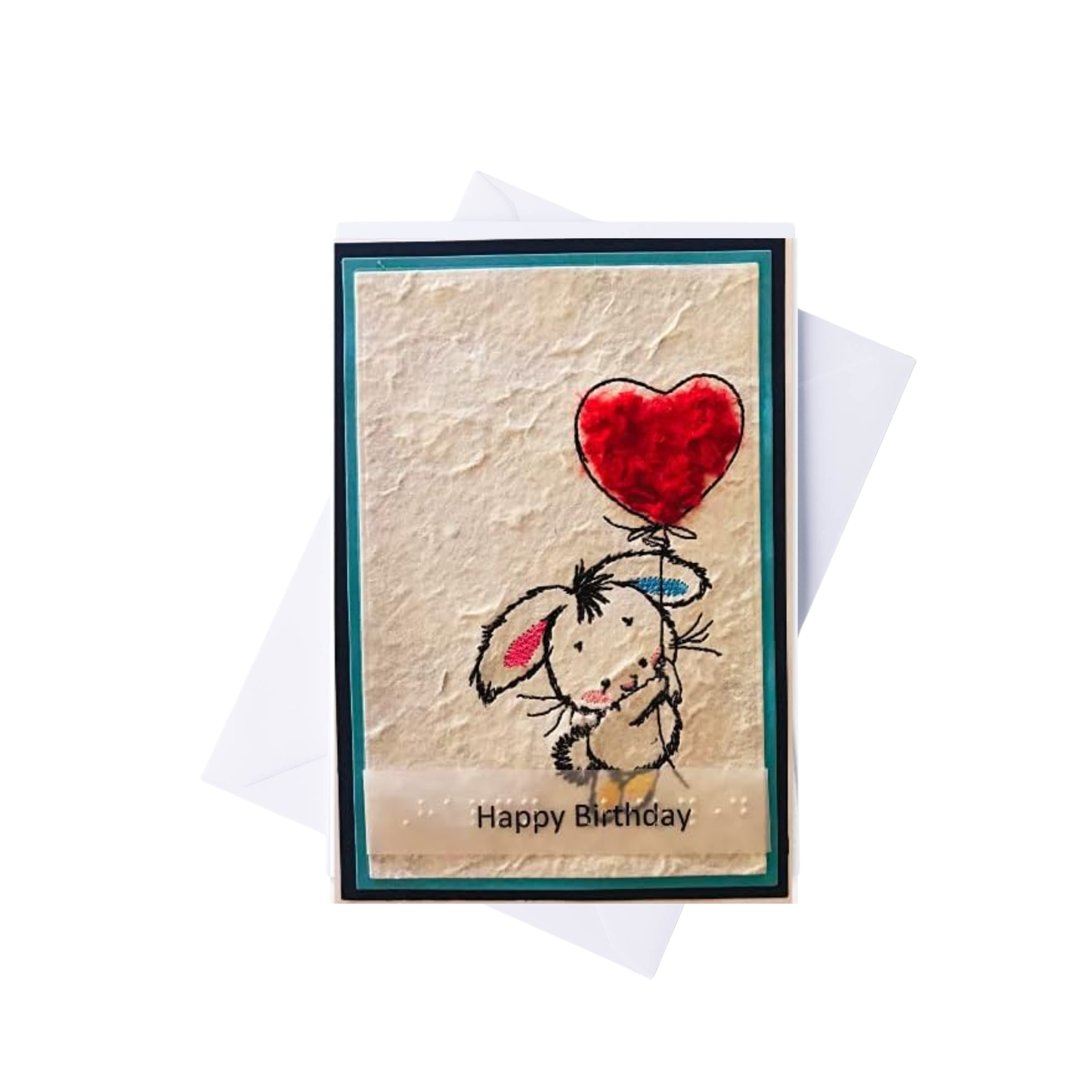 Bunny with Heart Balloon Braille Birthday Card