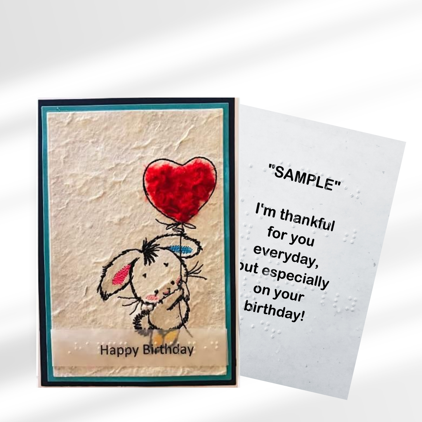 Bunny with Heart Balloon Braille Birthday Card