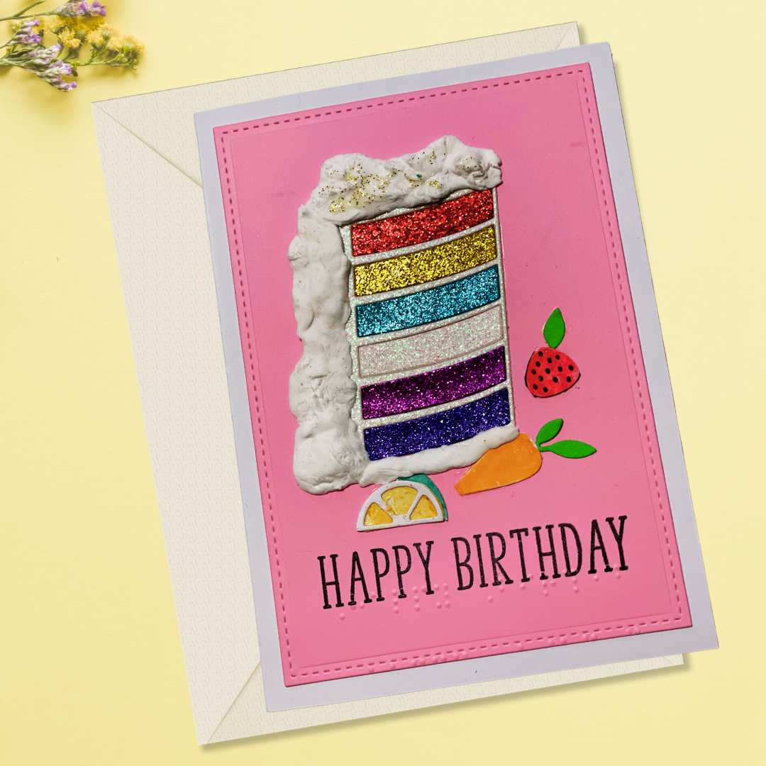 Rainbow Cake Braille Birthday Card