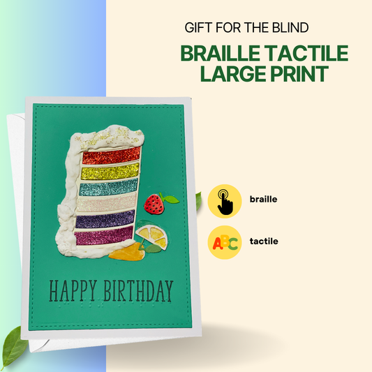Rainbow Cake Braille Birthday Card Blue