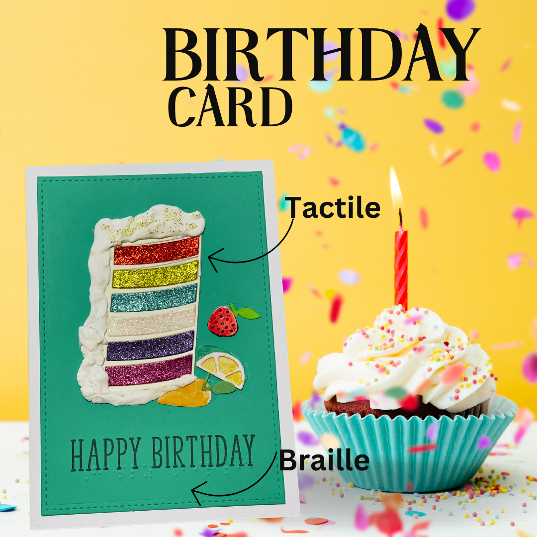 Rainbow Cake Braille Birthday Card Blue
