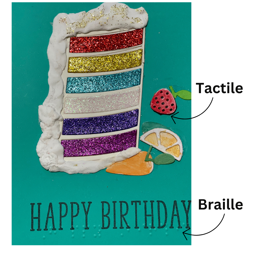 Rainbow Cake Braille Birthday Card Blue