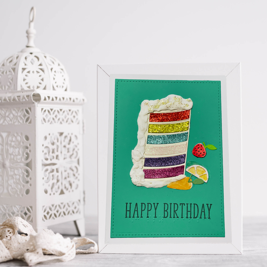 Rainbow Cake Braille Birthday Card Blue