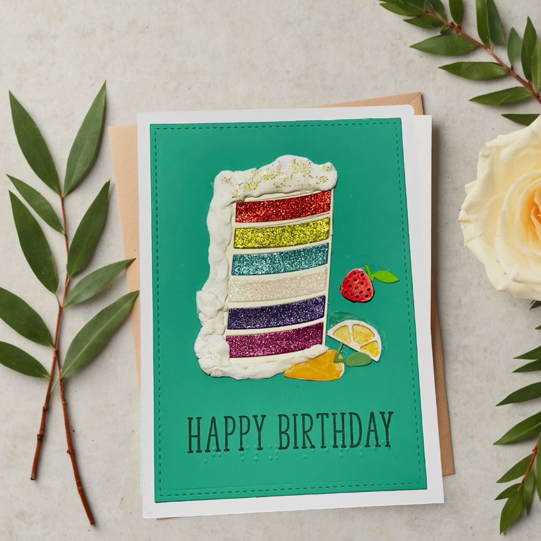 Rainbow Cake Braille Birthday Card Blue