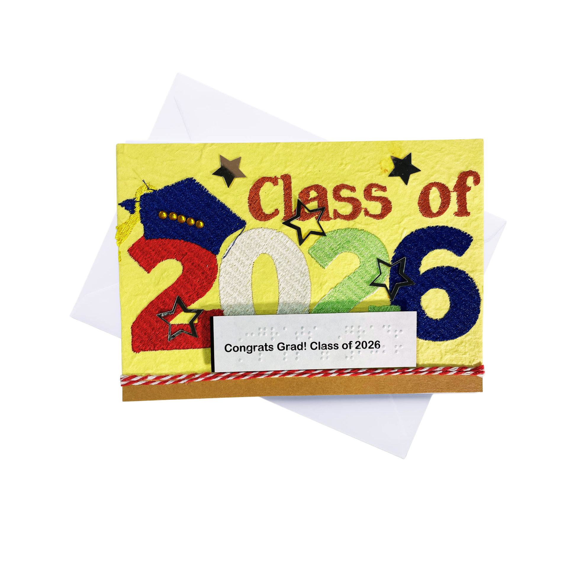 Graduation-themed card with 'Class of 2026' text on a white background