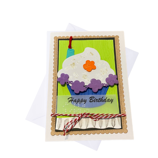 Handmade Birthday Card with 3D Cupcake and Floral Accents