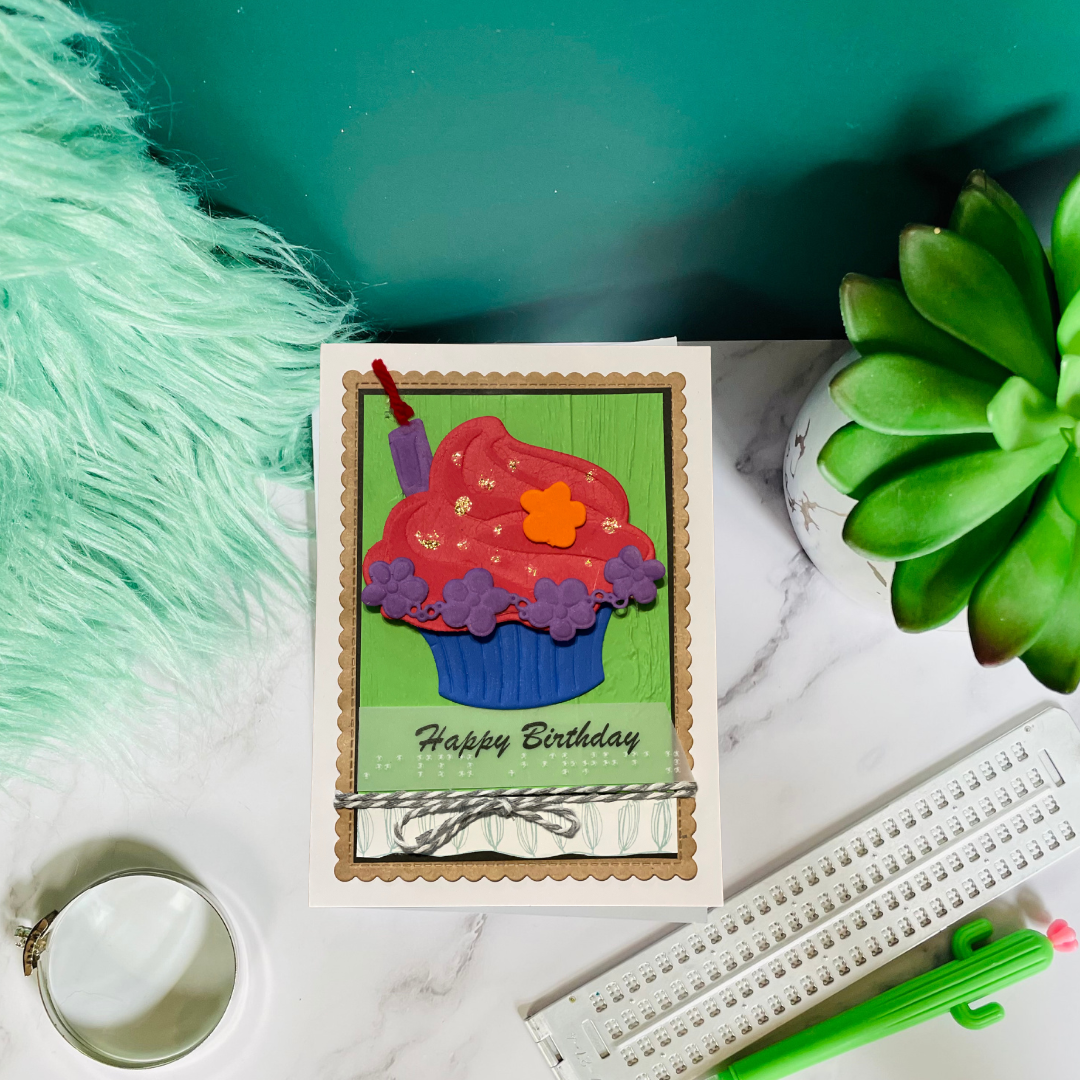 Handmade Birthday Card with 3D Cupcake and Floral Accents