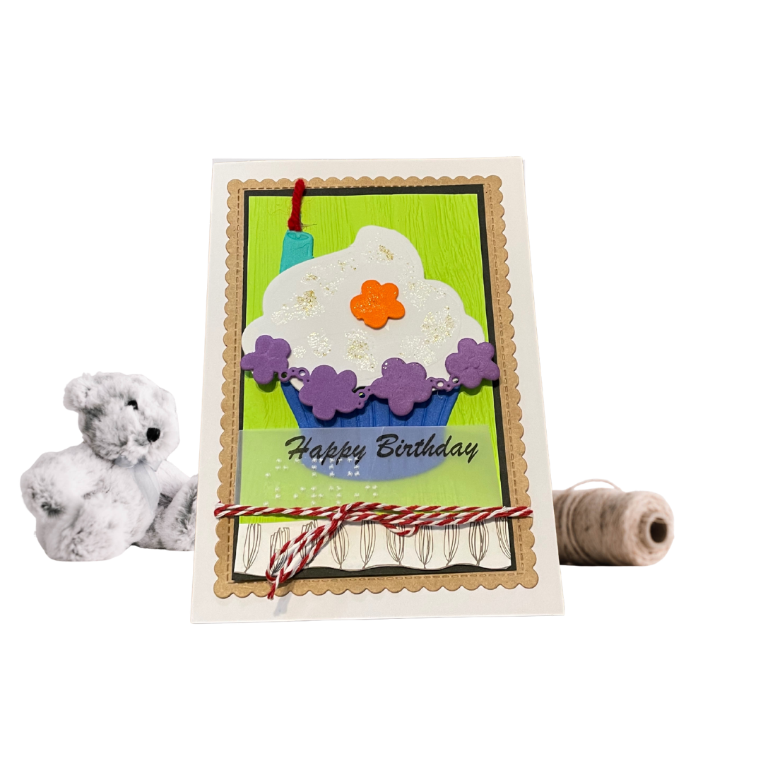 Handmade Birthday Card with 3D Cupcake and Floral Accents