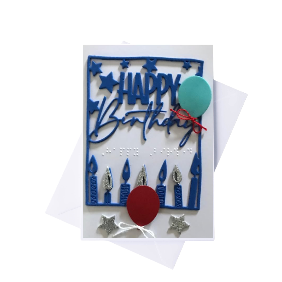 Braille Birthday Card with Balloons and Candles
