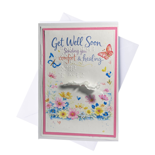 Get Well Soon card with flowers and butterflies on a white background
