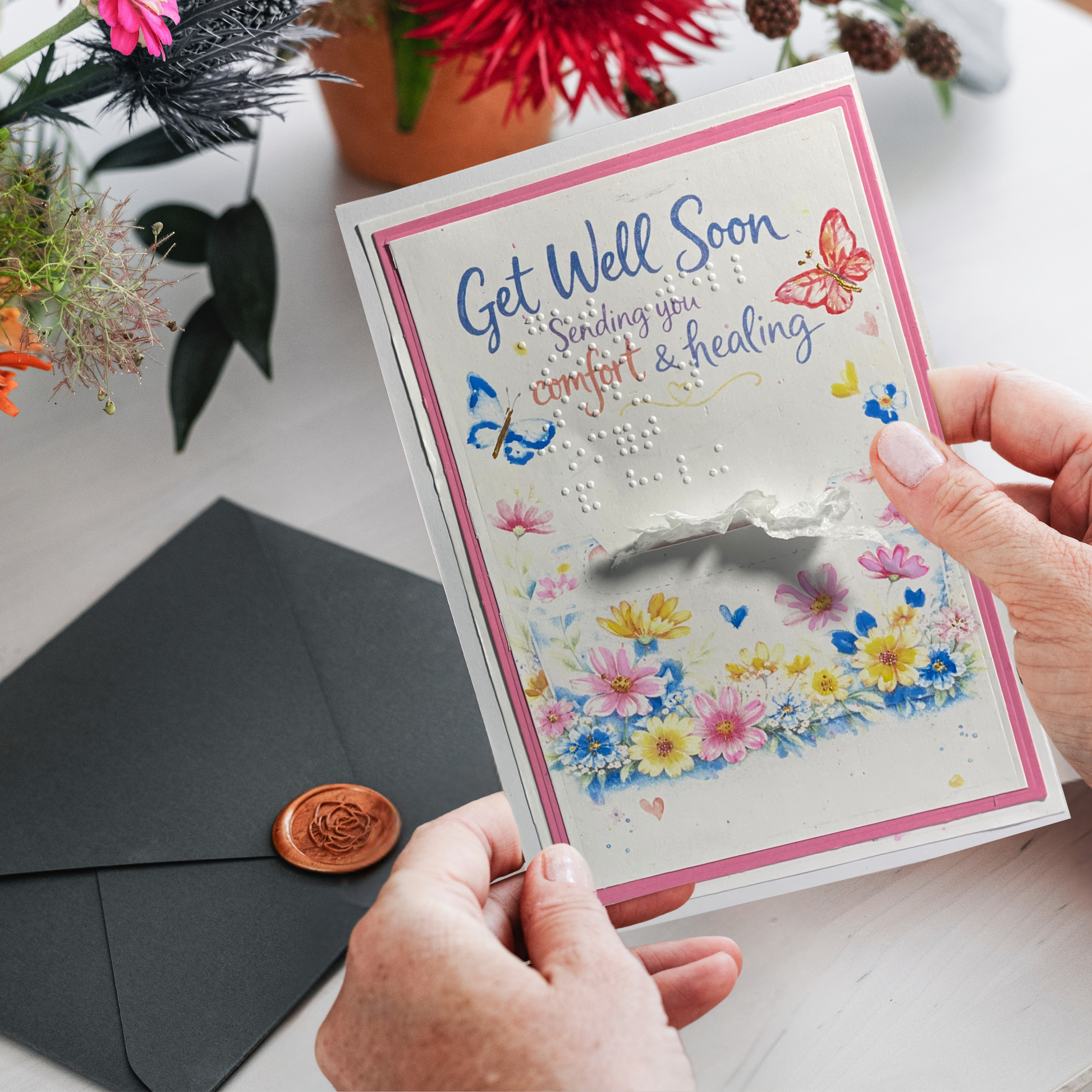 Person holding a 'Get Well Soon' card with floral design and butterfly, surrounded by flowers and an envelope.