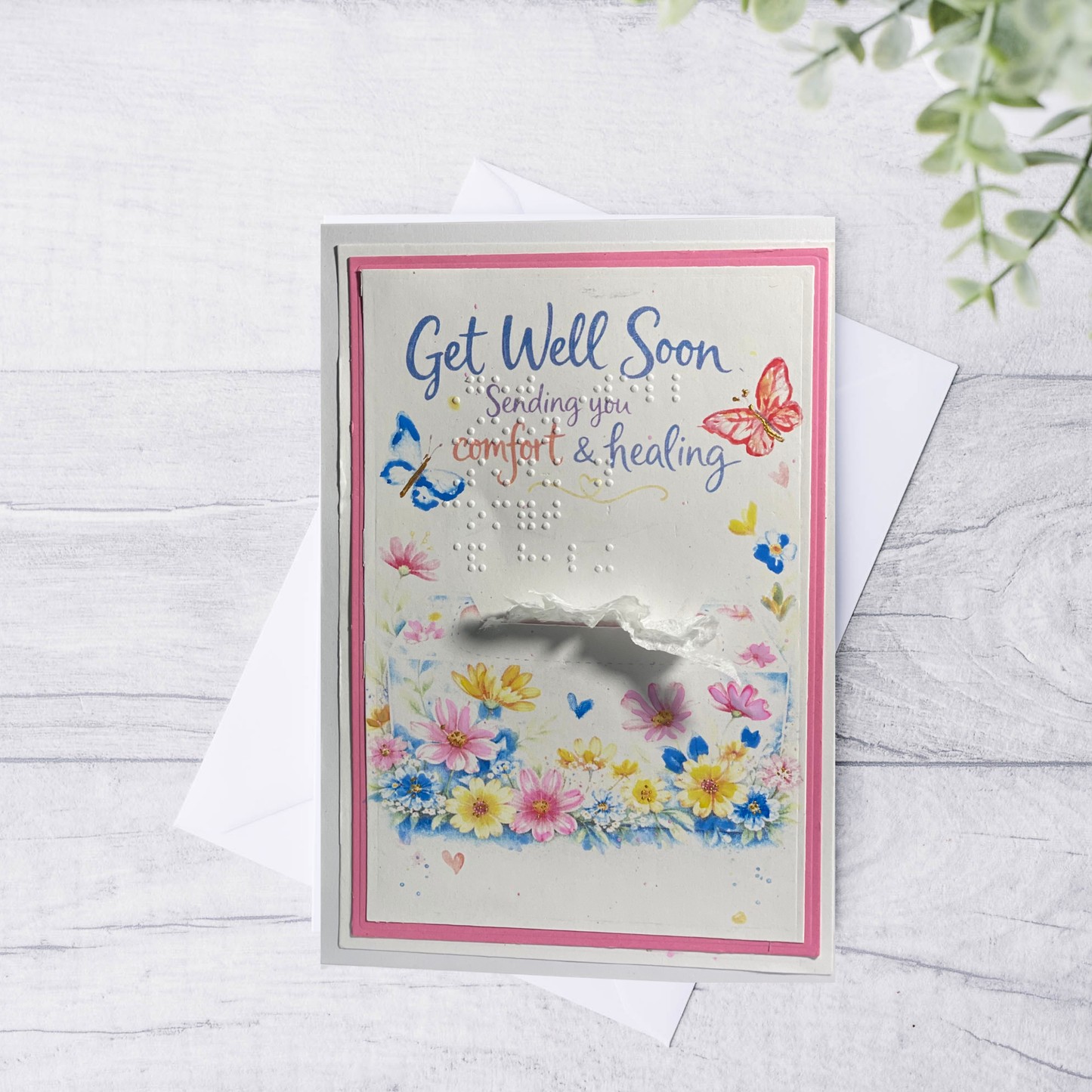Get Well Soon card with flowers and butterflies on a white background