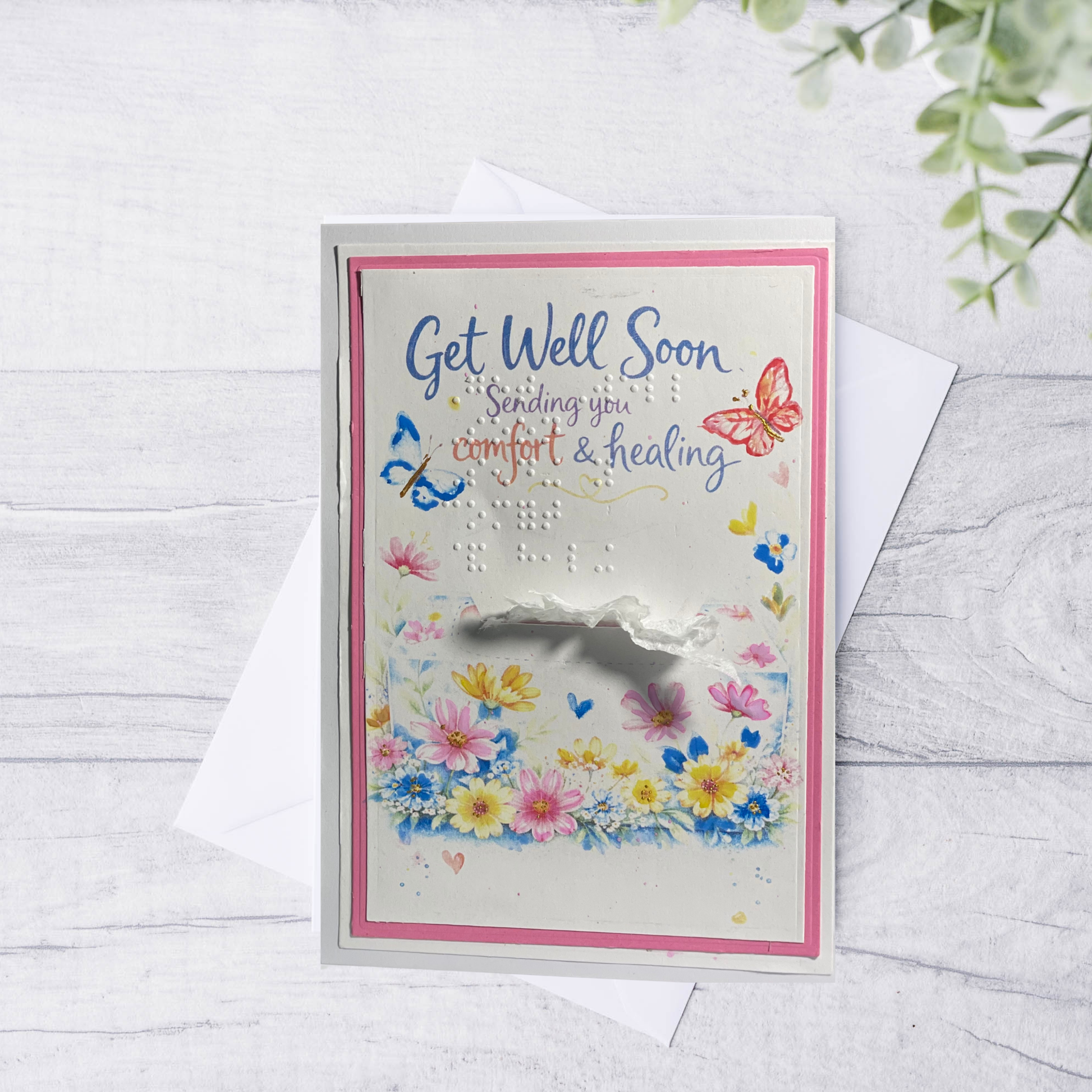 Get Well Soon card with flowers and butterflies on a white background