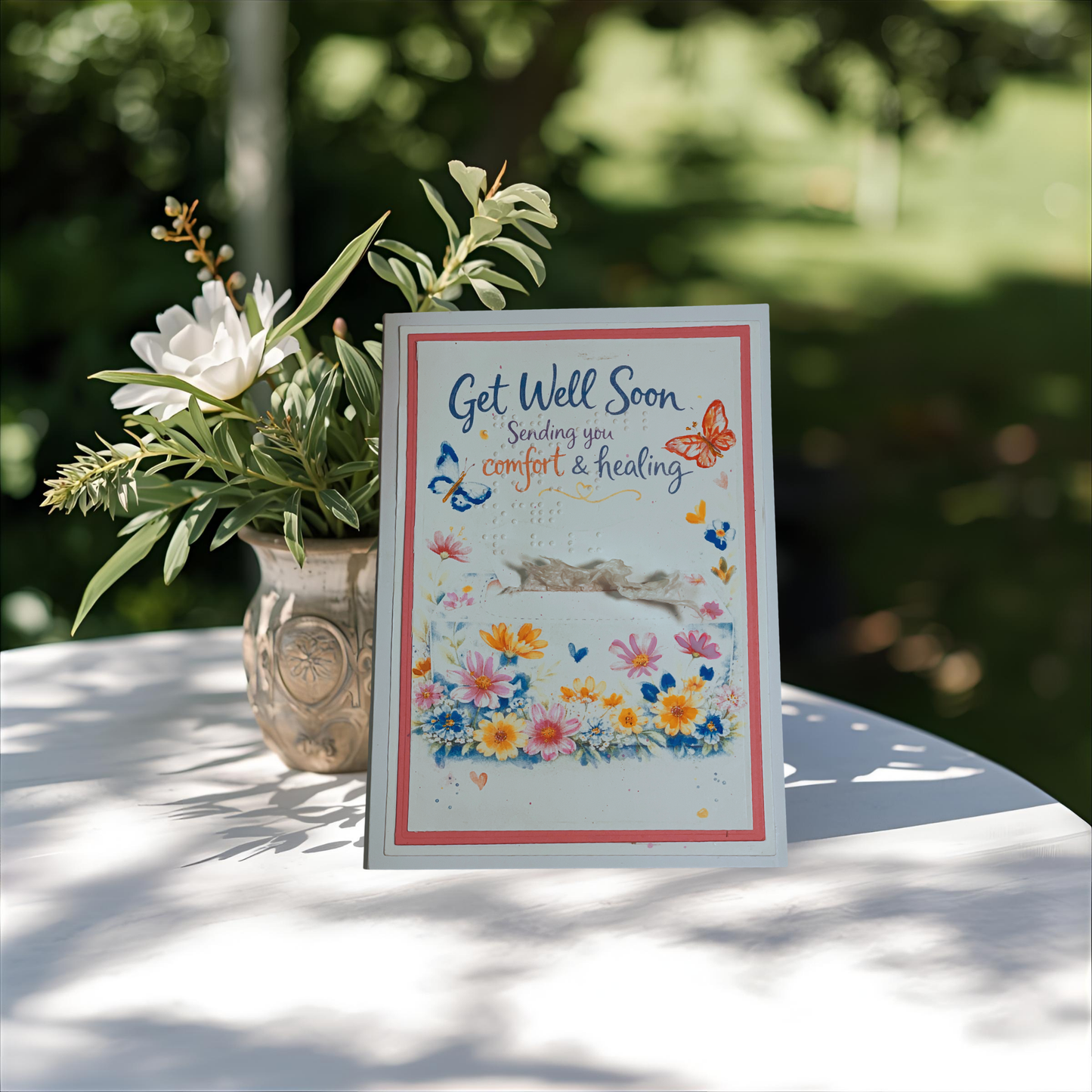 Get Well Soon card with floral design on a table outdoors