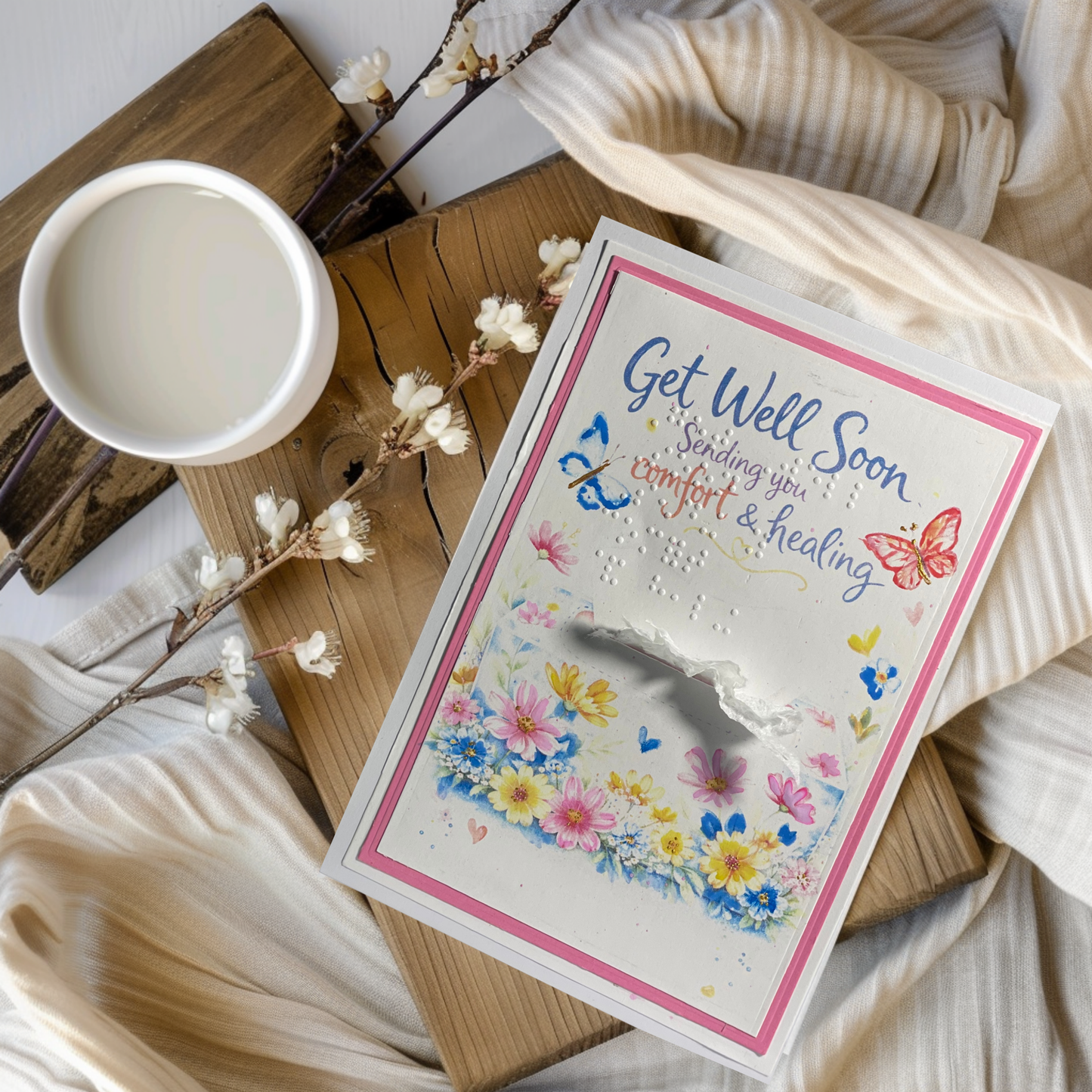 Get Well Soon card with flowers on a wooden surface with a cup and blanket.