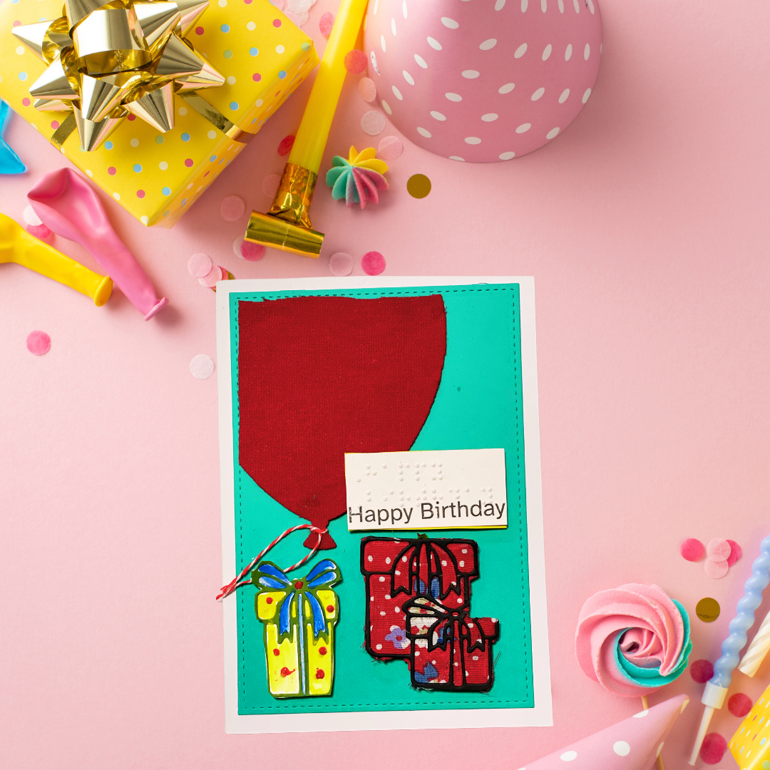 Gift & Balloon Braille Birthday Card