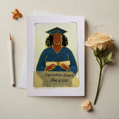 Graduation card with a person in a blue gown and cap, surrounded by flowers and a pencil light background.