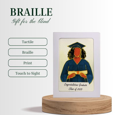 Graduation-themed Braille gift with a wooden base on a white background