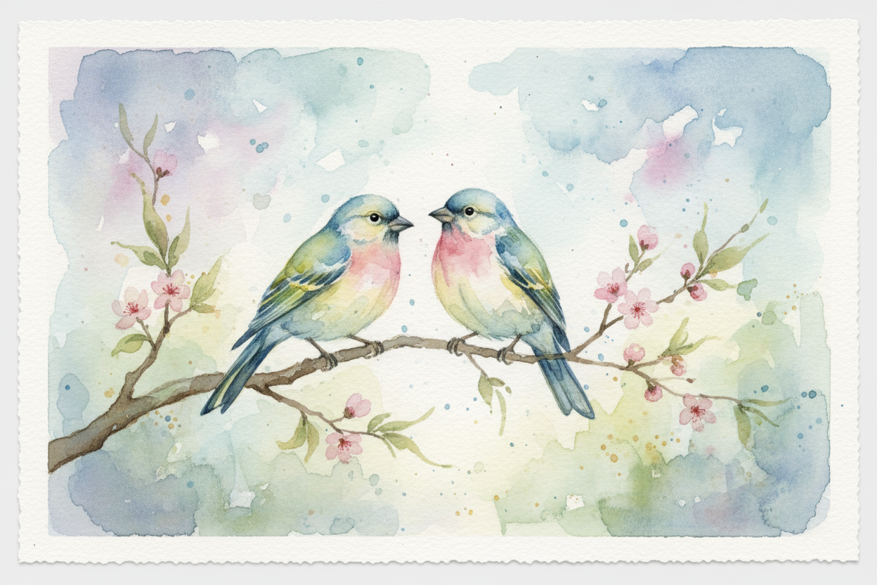 greeting card 5x7 watercolor of 2 birds on a branch 