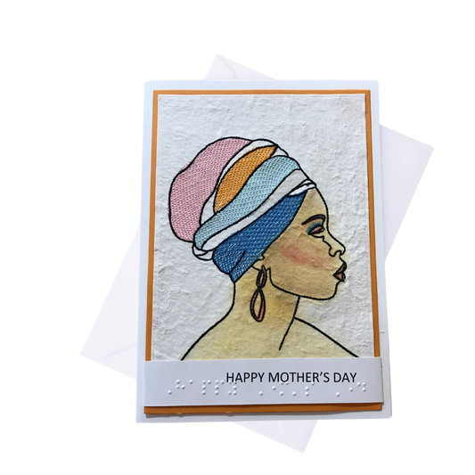 Mother's Day card with embroidered design of a woman wearing a colorful headscarf and 'Happy Mother's Day' text.
