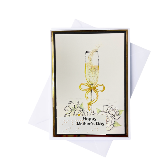 Greeting card with a champagne glass and bow, featuring 'Happy Mother's Day' text, on a white background.