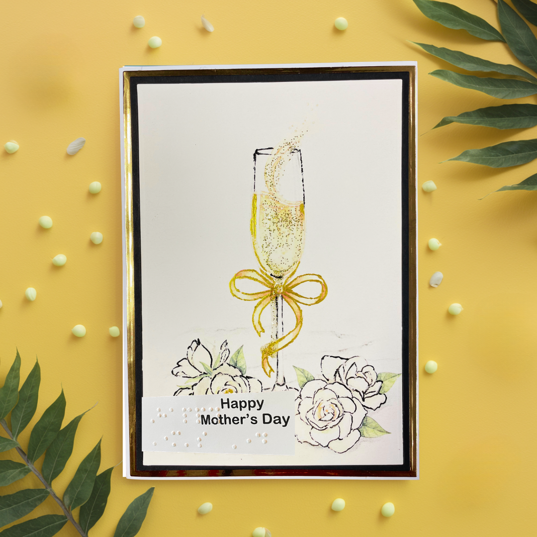 Greeting card with champagne glass and flowers on a yellow background