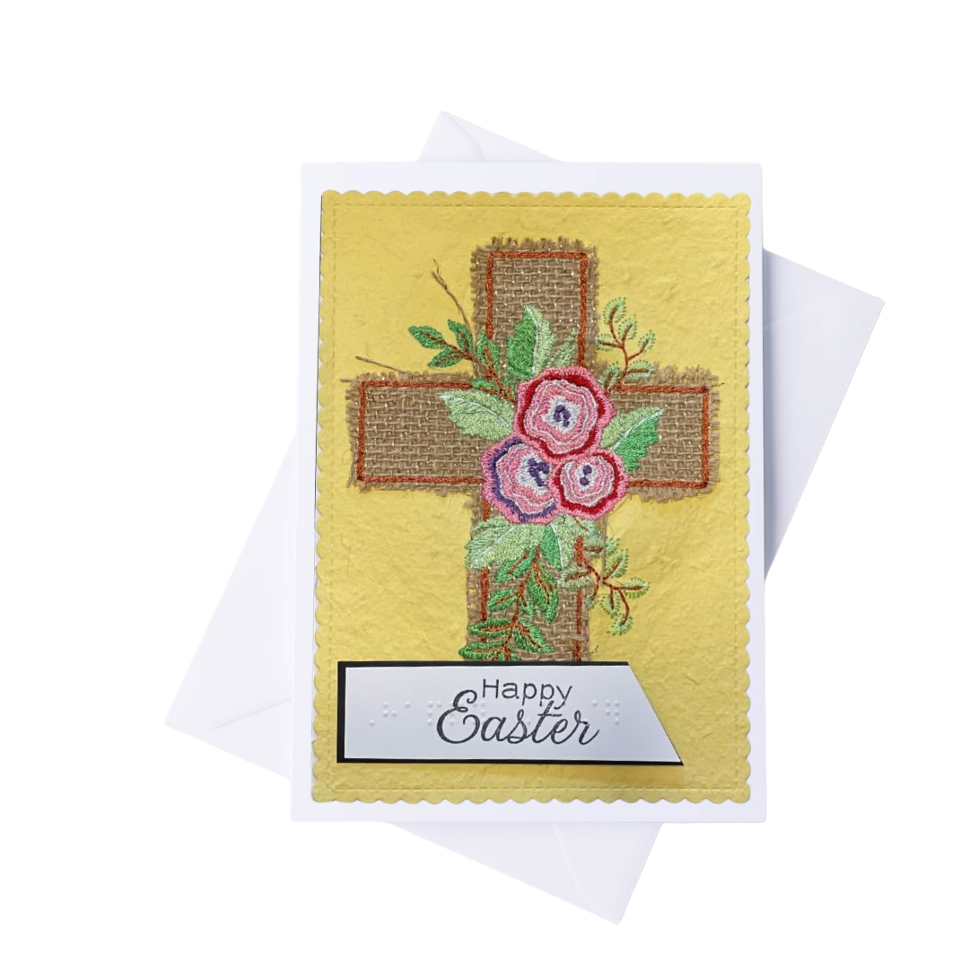 Easter card with cross and flowers on a yellow background