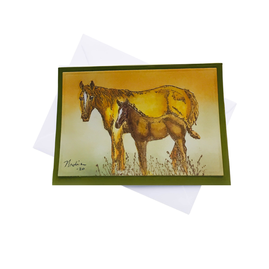 Greeting card with a painting of two horses on a yellow background