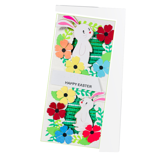 Easter-themed card with bunnies and flowers on a white background
