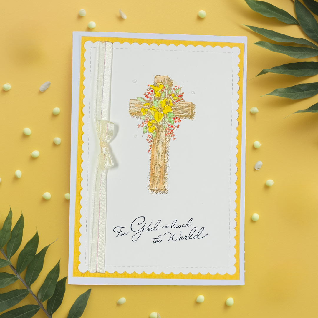 Greeting card with a cross design on a yellow background