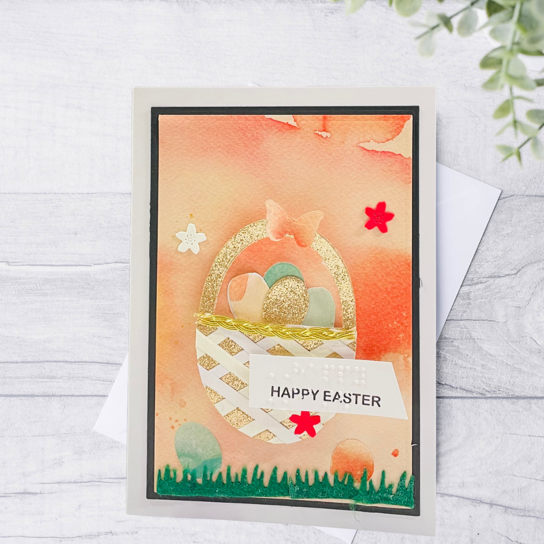 Easter card with eggs and a chick on a watercolor background