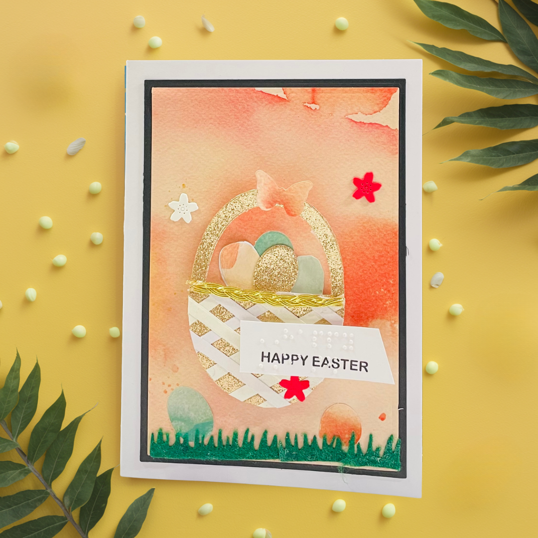Easter-themed greeting card with eggs and flowers on a yellow background