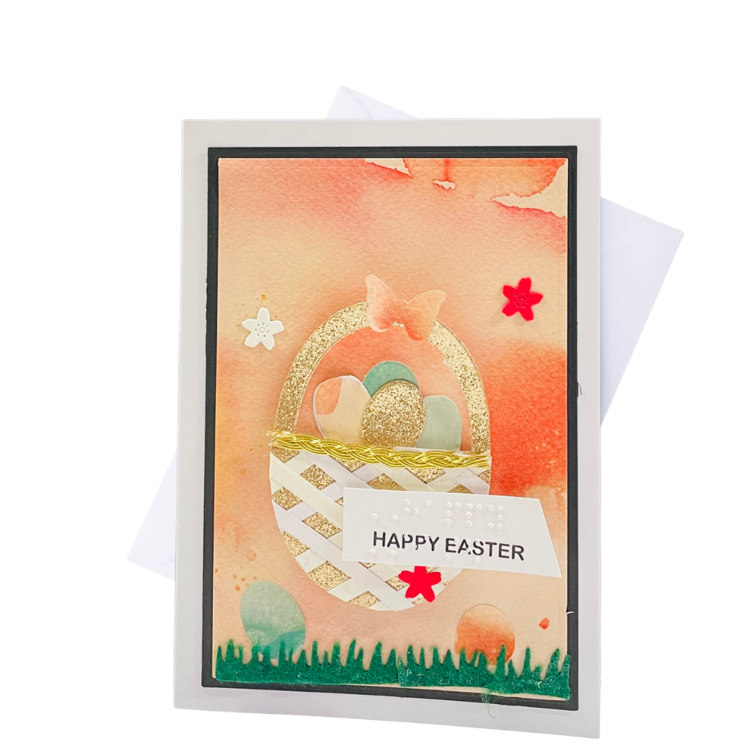 Easter greeting card with eggs and a basket on a watercolor background