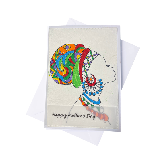 Mother's Day card features a hand-drawn profile silhouette of a woman adorned with a vivid geometric head wrap in orange, red, green, blue, and purple, paired with layered statement jewelry in matching jewel tone 'Happy Mother's Day' text on a white background