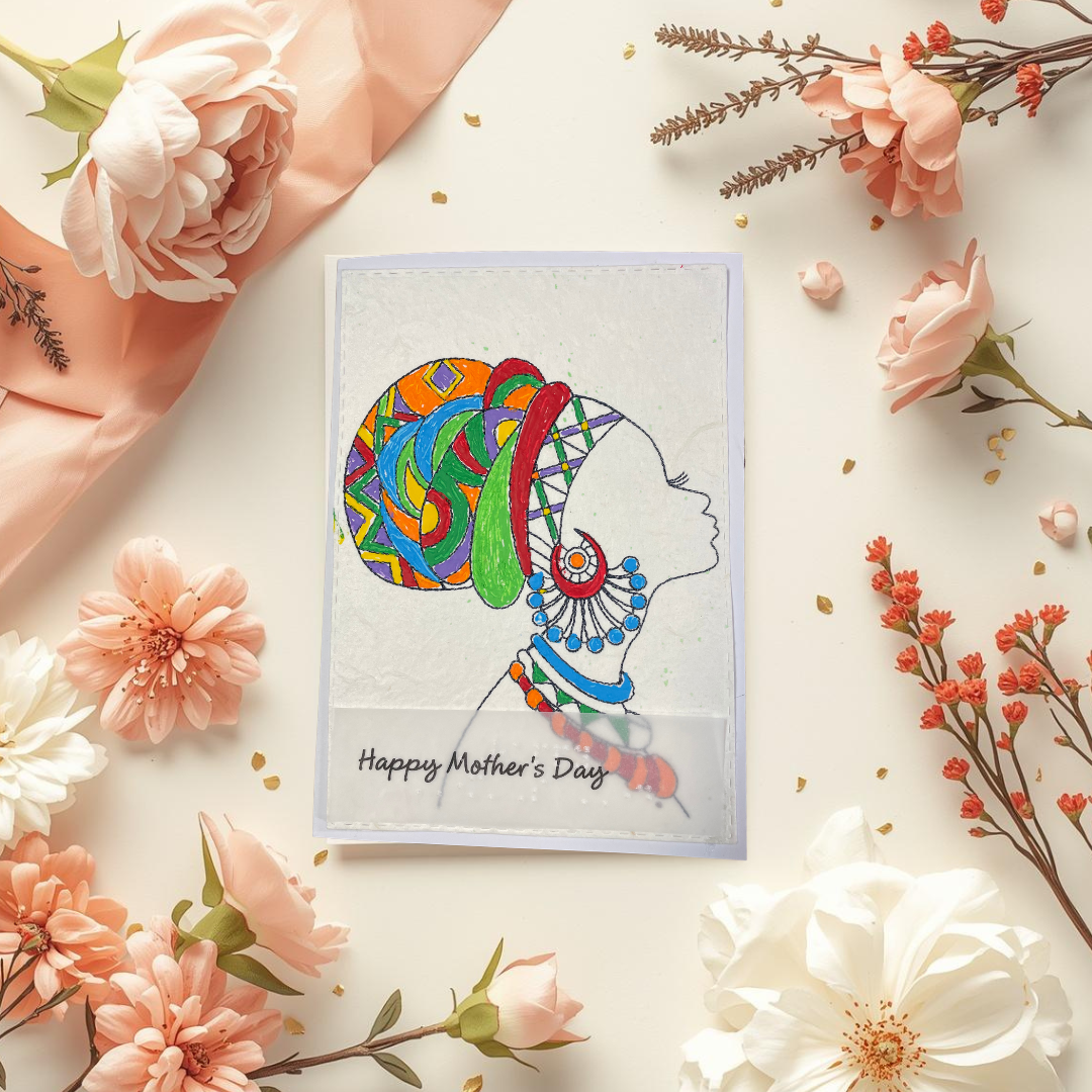Mother's Day card features a hand-drawn profile silhouette of a woman adorned with a vivid geometric head wrap in orange, red, green, blue, and purple, paired with layered statement jewelry in matching jewel tone Mother's Day card with floral decorations on a light background