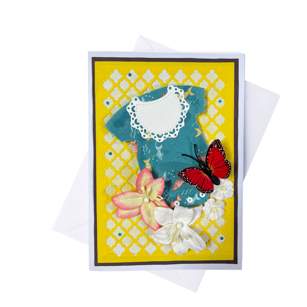 Decorative greeting card with flowers and a butterfly on a yellow lattice background